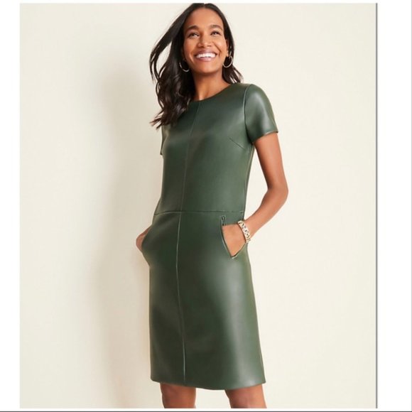 Ann Taylor Dresses & Skirts - ANN TAYLOR petite green faux leather short sleeve versatile sheath dress